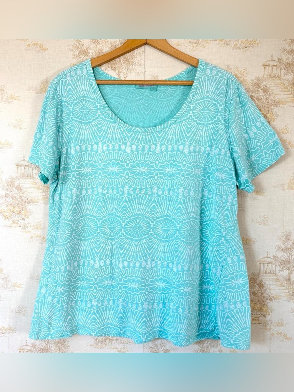 Vintage Fresh Produce Aqua Blue Abstract Sunburst Coastal Boho T-Shirt 1X